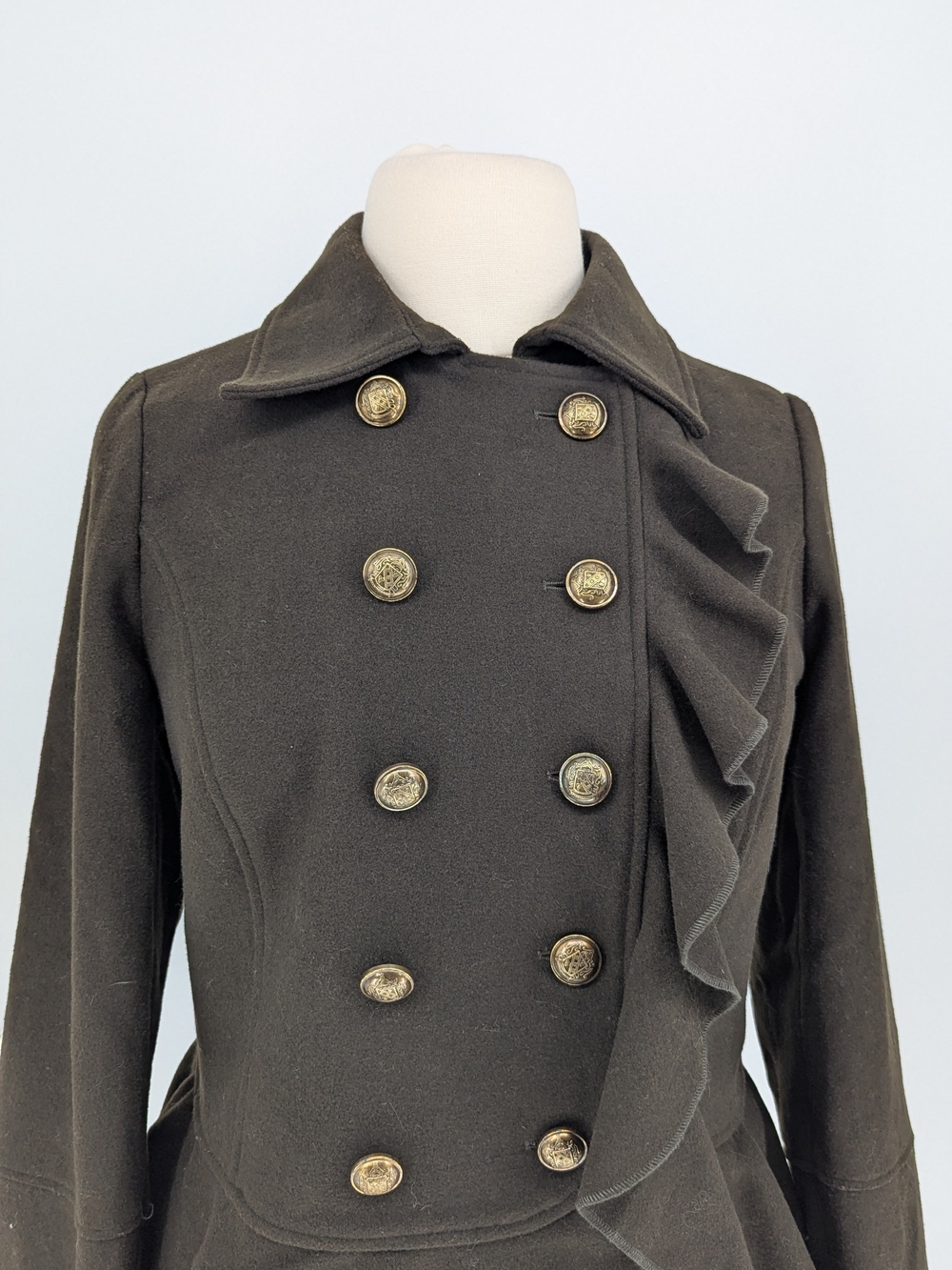 00913 NEW Lane Bryant Ruffle Wool Pea Coat Brown size 14/16 preppy military fall - Picture 3 of 7